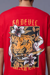 Back Tiger Printed Red  Oversized T-Shirt for Men