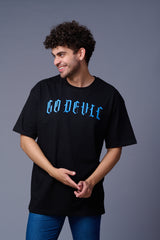 Back Tiger (in Blue) Printed Black Oversized T-Shirt for Men