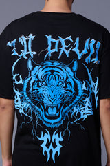 Back Tiger (in Blue) Printed Black Oversized T-Shirt for Men
