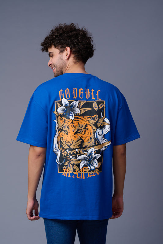 Back Tiger Printed Dark Blue Oversized T-Shirt for Men
