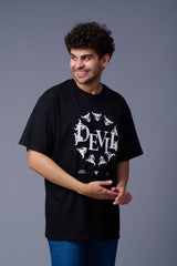 Devil Stamp Printed Black Oversized T-Shirt for Men