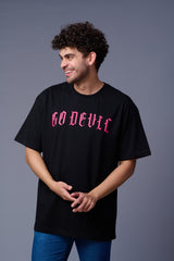 Devil Tiger in Pink Printed Black Oversized T-Shirt for Men