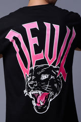 Devil Tiger in Pink Printed Black Oversized T-Shirt for Men