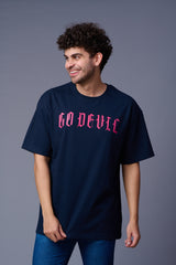 Devil Tiger in Pink Printed Navy Blue Oversized T-Shirt for Men