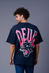 Devil Tiger in Pink Printed Navy Blue Oversized T-Shirt for Men