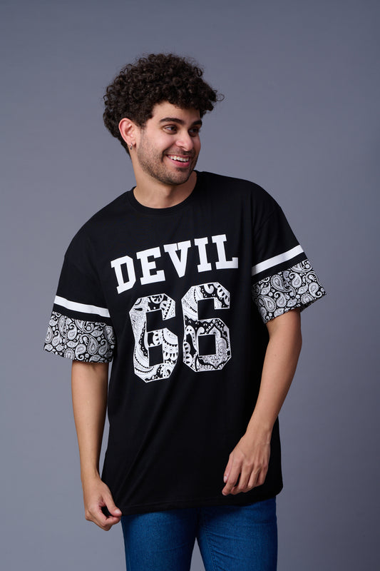 Go Devil 66 (In White) Paisely Printed Black Oversized T-Shirt for Men
