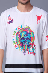 Skull With Enjoy The Trip Printed White Oversized Jersey T-Shirt for Men