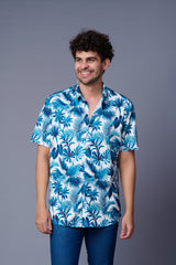 Floral in Blue Printed White Shirt for Men
