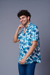 Floral in Blue Printed White Shirt for Men