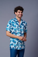 Floral in Blue Printed White Shirt for Men