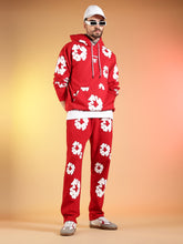 Go Devil White Floral Printed Red Hooded Co-ord Set For Men
