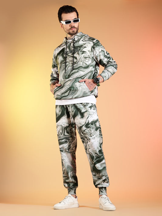 Go Devil Marble Print Hooded Co-Ord Set for Men
