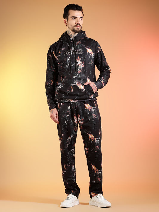 Go Devil Beige Abstract Print Black Hooded Co-Ord Set for Men