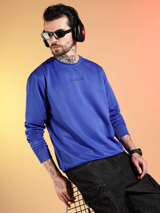 Go Devil Printed Solid Blue Sweatshirt for Men