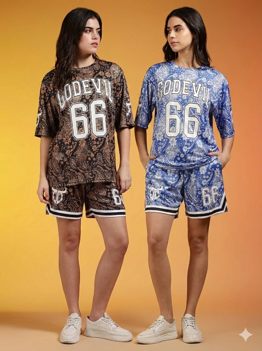 Pack of 2 Go Devil 66 Printed Paisley Blue & White & Golden & Black Co-ord Set for Women's