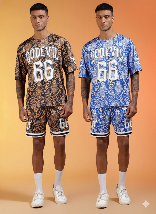 Pack of 2 Go Devil 66 Printed Paisley Blue & White & Golden & Black Co-ord Set for Man