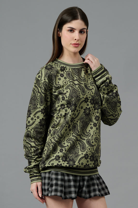 Paisley Design Printed Green Sweatshirt for Women