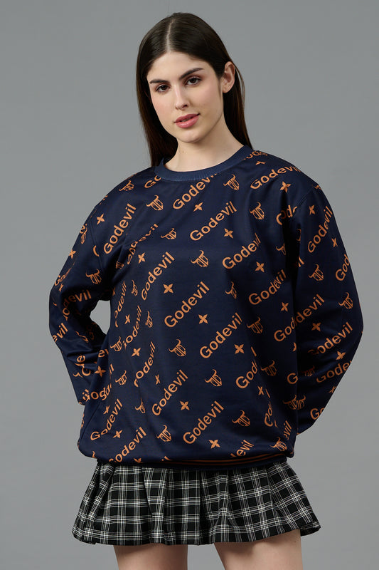 Go Devil All Over Print Dark Blue Sweatshirt for Women