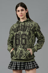 Go Devil 66 & Paisley Design Printed Green Hoodie for Women