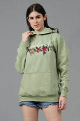 Go Devil with Flower Printed Green Hoodie for Women
