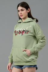 Go Devil with Flower Printed Green Hoodie for Women