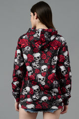 Skull with Rose Printed Black Hoodie for Women