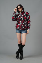 Skull with Rose Printed Black Hoodie for Women