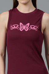 Butterfly Printed Wine Color Dress for Women