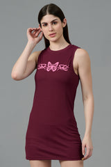 Butterfly Printed Wine Color Dress for Women