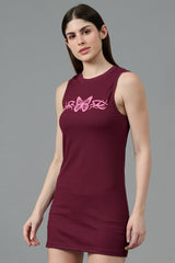 Butterfly Printed Wine Color Dress for Women