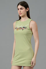 Go Devil with Flower Printed Green Dress for Women