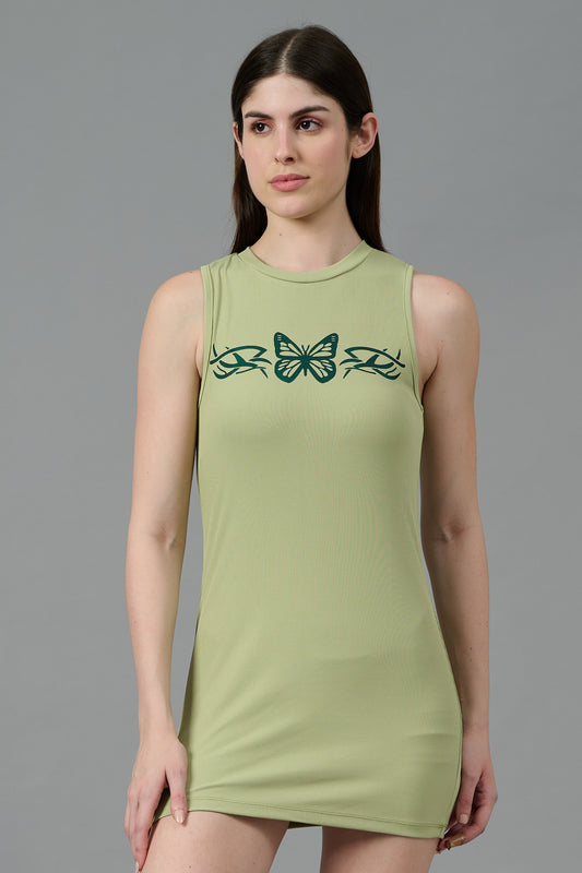 Butterfly Printed Green Dress for Women