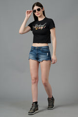 Go Devil with Flower Printed Black Crop top for Women
