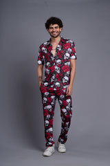 Skull with Rose Printed Black Shirt With Pant Co-Ord Set For Men
