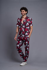 Skull with Rose Printed Black Shirt With Pant Co-Ord Set For Men