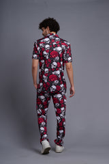 Skull with Rose Printed Black Shirt With Pant Co-Ord Set For Men
