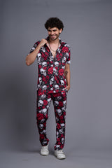 Skull with Rose Printed Black Shirt With Pant Co-Ord Set For Men