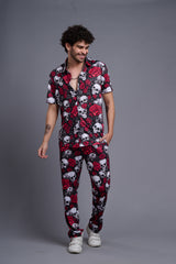 Skull with Rose Printed Black Shirt With Pant Co-Ord Set For Men