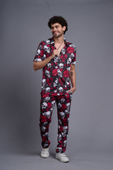 Skull with Rose Printed Black Shirt With Pant Co-Ord Set For Men