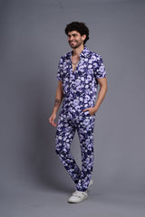 Flower Printed White and Royal Blue Shirt With Pant Co-Ord Set For Men