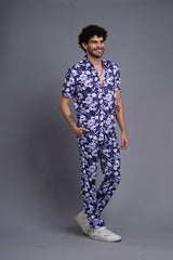 Flower Printed White and Royal Blue Shirt With Pant Co-Ord Set For Men