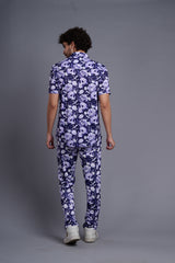 Flower Printed White and Royal Blue Shirt With Pant Co-Ord Set For Men