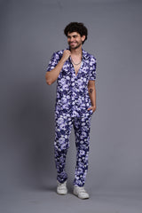 Flower Printed White and Royal Blue Shirt With Pant Co-Ord Set For Men