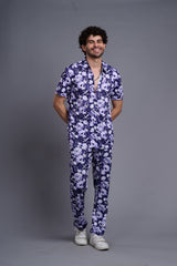 Flower Printed White and Royal Blue Shirt With Pant Co-Ord Set For Men