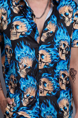 Blue Flaming Skull Printed Shirt With Pant Co-Ord Set For Men