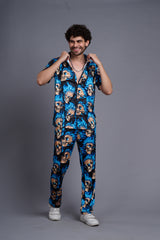 Blue Flaming Skull Printed Shirt With Pant Co-Ord Set For Men