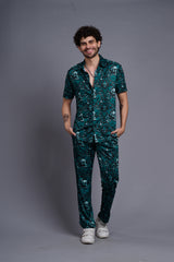 Skull and Rose Printed Green Shirt With Pant Co-Ord Set For Men