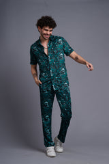Skull and Rose Printed Green Shirt With Pant Co-Ord Set For Men
