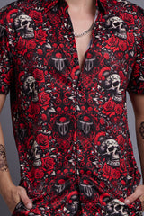 Skull and Rose Printed Red Shirt With Pant Co-Ord Set For Men