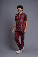 Skull and Rose Printed Red Shirt With Pant Co-Ord Set For Men